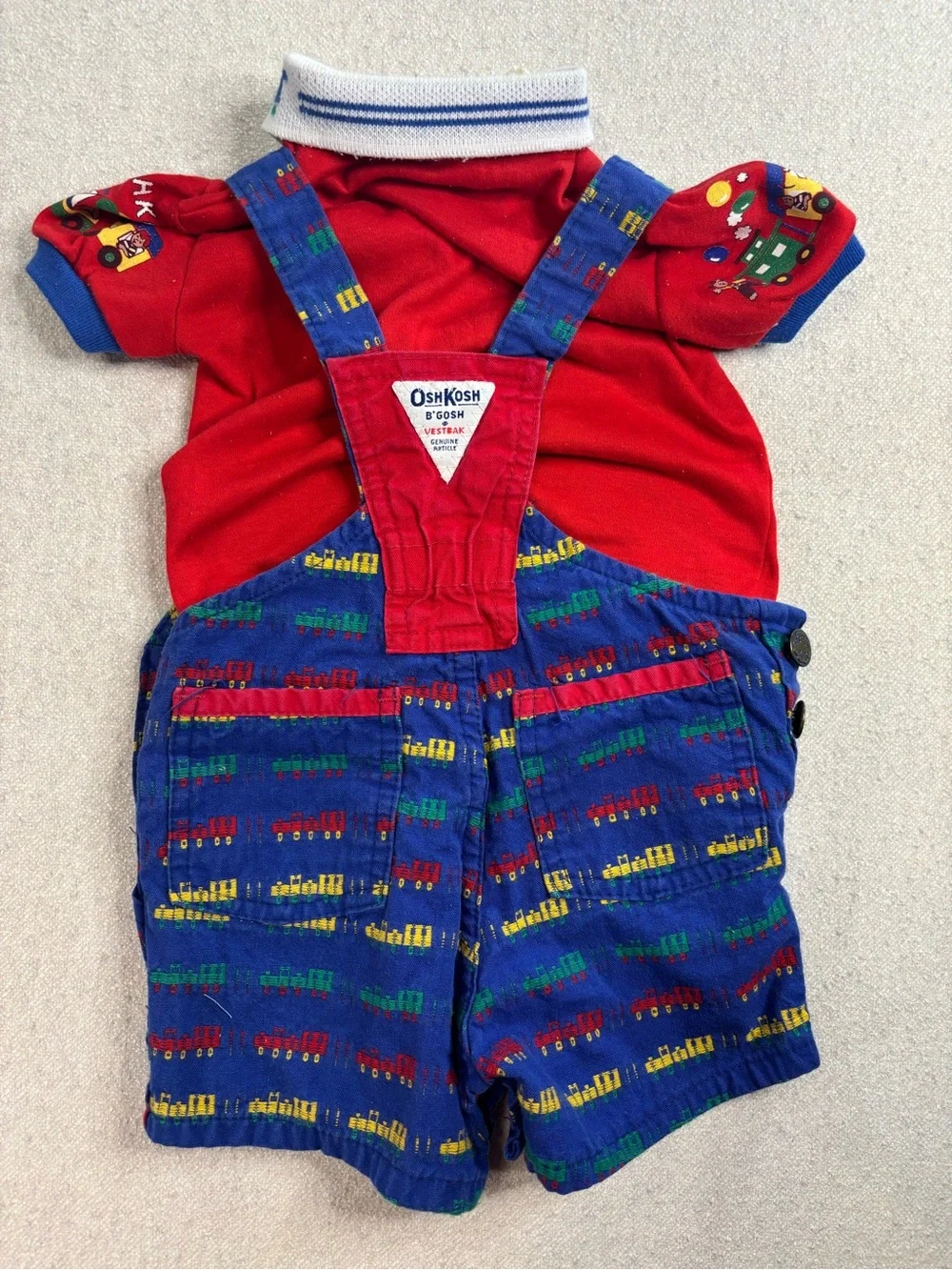 Vintage OshKosh B’Gosh Baby Train Shortall Outfit Set USA Red Blue 6-9 Months